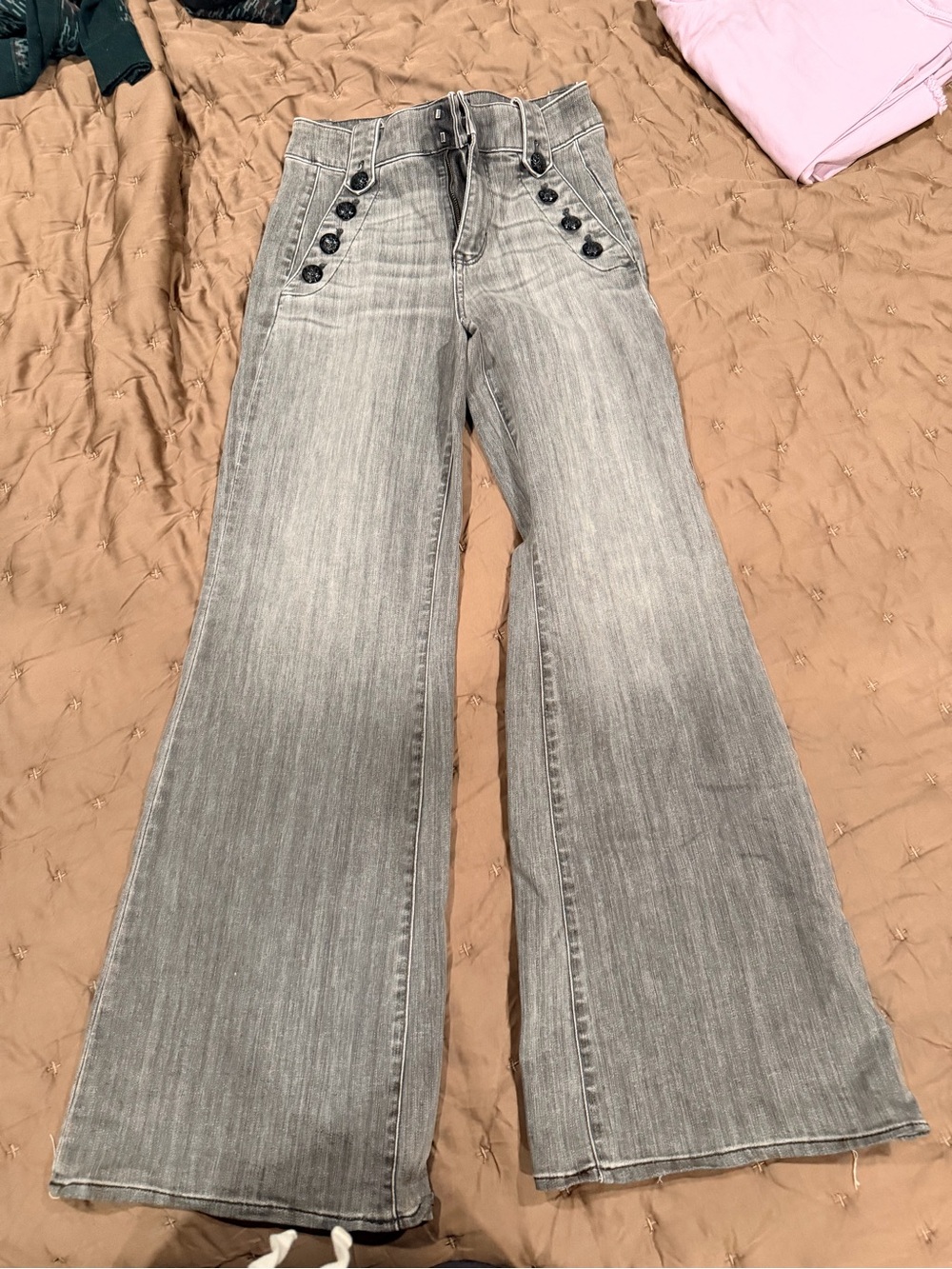 White House Black Market Gray Flared Wide-Leg Jeans with Button Accents
